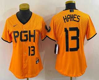 Womens Pittsburgh Pirates #13 KeBryan Hayes Number Yellow 2023 City Connect Stitched Jersey1